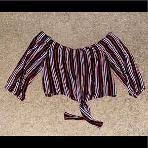 Red, Blue, black, and white striped crop top
